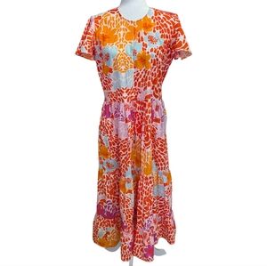 Oliphant Orange and Red Floral Print Cotton Midi Dress Size Medium